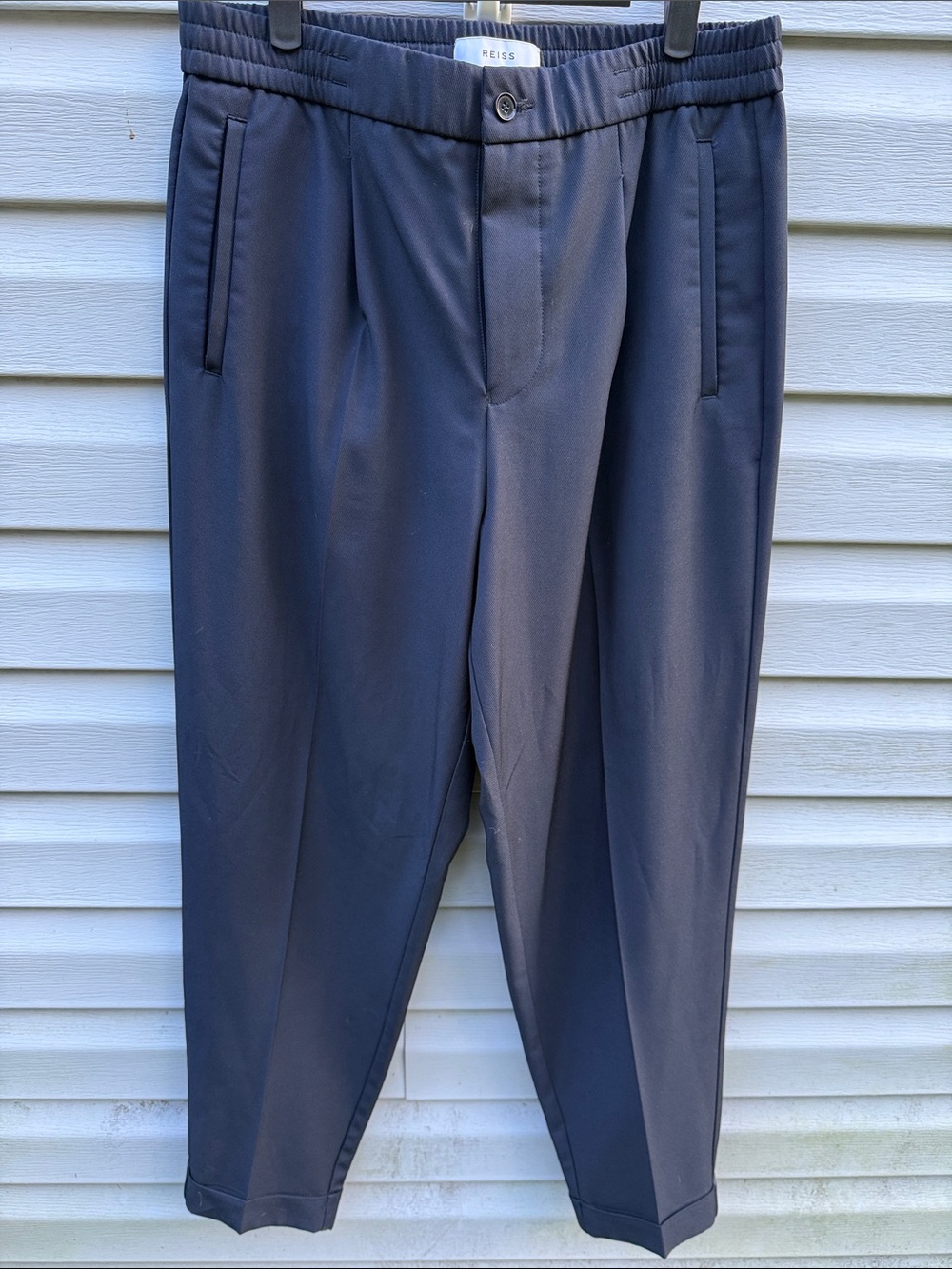 Reiss | Mens Pleated Navy Elastic-Waist Dress Trousers size 32